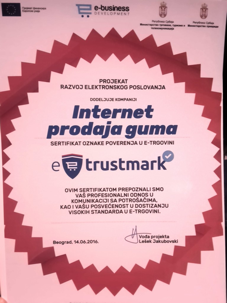 Kompaniji Internet Prodaja Guma dodeljen sertifikat e-Trustmark!